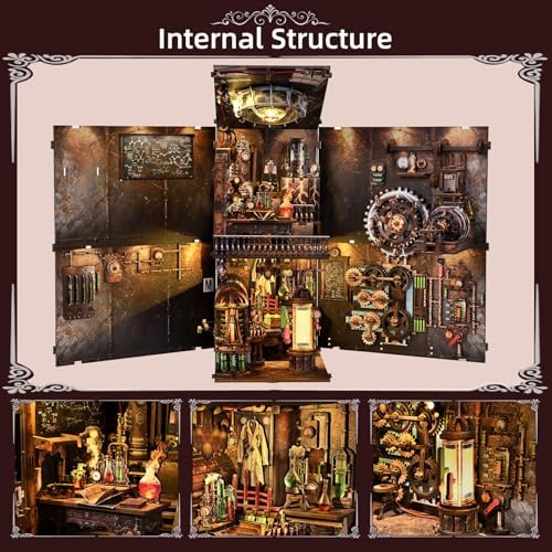 fifijoy Book Nook Kit, DIY Miniature Dollhouse Booknook Kit, 3D Wooden Puzzle Bookend Bookshelf Insert Decor with LED Light for Teens and Adults (Steampunk Mad Scientist Laboratory) - Image 4