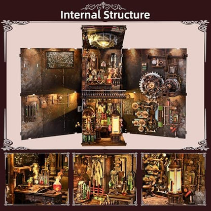 fifijoy Book Nook Kit, DIY Miniature Dollhouse Booknook Kit, 3D Wooden Puzzle Bookend Bookshelf Insert Decor with LED Light for Teens and Adults (Steampunk Mad Scientist Laboratory) - Image 4