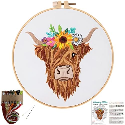 Louise Maelys Highland Cow Floral Embroidery Kit for Beginners Craft by LouiseMaelys