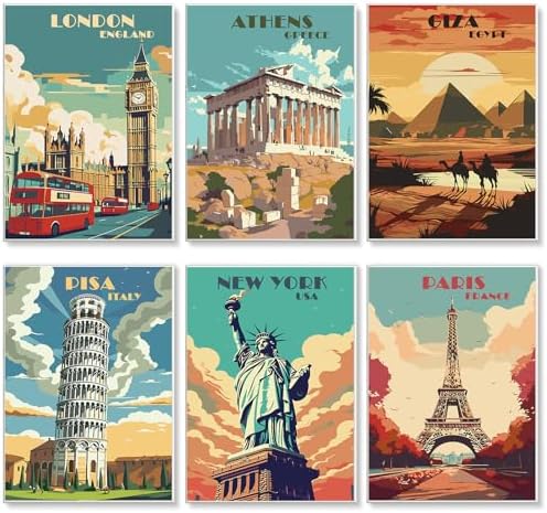6 Pack Paint by Numbers Kit for Adults, Travel Number Painting, 10x14 Inch by GEEHEIY