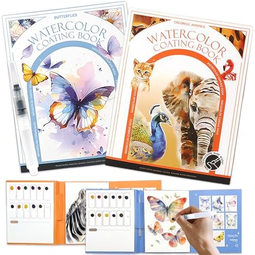 NaTuGi 2Pac Watercolor Workbook for Adults,Watercolor Coloring Book,Portable Watercolor Painting Books,Creative Stress Relief Kit,Suitable for Beginners Birthday Gift (Butterflies and Animals) by Unknown