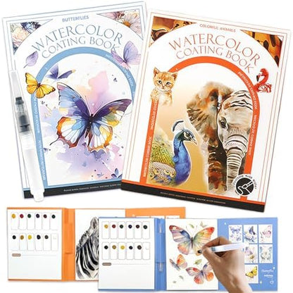 NaTuGi 2Pac Watercolor Workbook for Adults,Watercolor Coloring Book,Portable Watercolor Painting Books,Creative Stress Relief Kit,Suitable for Beginners Birthday Gift (Butterflies and Animals) by Unknown