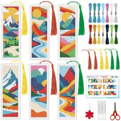 INFUNLY Mountain Cross Stitch Bookmark Kit 10x7.7 Nature Scenery Needlework Bookmark Set River Mountains Cross Stitch Bookmarks Kit DIY Sunset Embroidery Bookmarks Kit for Book Lovers Craft Gift by INFUNLY