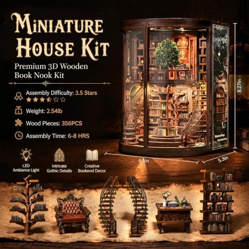 Book Nook Kit for Bookshelf —Tree of Wisdom Library 3D Wooden Puzzle, DIY Miniature Dollhouse with LED Lights, Fantasy Book Shelf Insert Decor (Tree of Wisdom Library) - Image 2