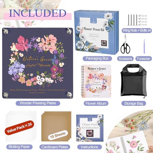 Joy&Grace Flower Press Kit for Adults, with Designed Cover and DIY Album, 10.9" x 10.9" 10 Layers Flower Preservation Kit, Plant Press and Large Plant Drying Toolkit (Color Box, Purple Navy) - Image 3