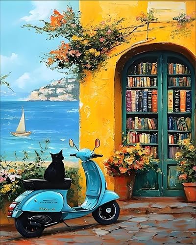 Paint by Numbers Kit for Adults, Coastal Bookshop & Ocean, 16x20 Inch by Okarina