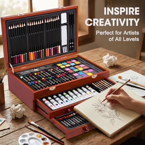 TMOL Art Supplies, 175-Pack Deluxe Art Set Drawing Painting Kit with 2 Drawing Pads, Acrylic Paints, Colored Pencils, Crayons, Art Kit in Wooden Case, Gift for Artist, Adults, Teens and Kids - Image 4