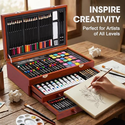 TMOL Art Supplies, 175-Pack Deluxe Art Set Drawing Painting Kit with 2 Drawing Pads, Acrylic Paints, Colored Pencils, Crayons, Art Kit in Wooden Case, Gift for Artist, Adults, Teens and Kids - Image 4
