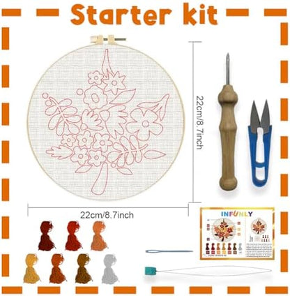 INFUNLY Maple Leaf Punch Needle Kits for Beginners Autumn Thanksgiving Punch Needle Starter Embroidery Set 8.7 Inches Easy for Adults with Instructions Embroidery Hoops and Threader Tools - Image 2