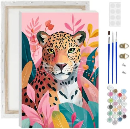Lxmsja Cute Leopard Paint by Numbers Kit for Adults, Jungle Leaves Acrylic Paint by Numbers for Adults Beginner, DIY Craft Supplies Oil Painting Kits for Home Wall Decor 8x12 inch (Framed) by Lxmsja