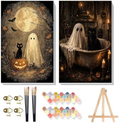 2 Pack Halloween Paint by Numbers Kit for Adults (Ghost&Cat, 8x12inch) by Unknown