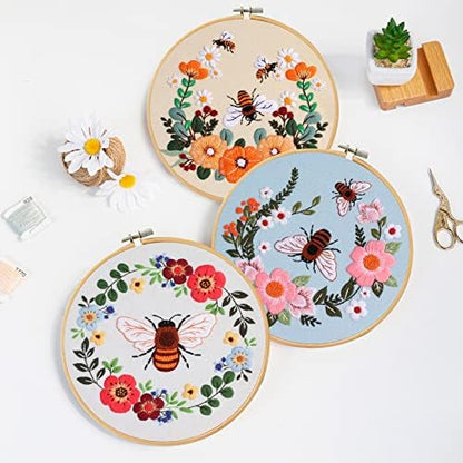 Santune 3 Pack Bee Embroidery Kit for Beginners Adult Cross Stitch Kits Hand Embroidery with Animal Patterns and Instructions,DIY Sets for Women with Hoop,Threads and Needles - Image 2