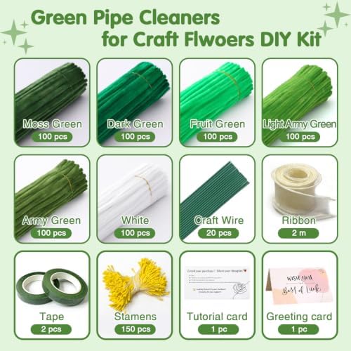 AHAMETON 620Pcs Green Pipe Cleaners Flower Kit,Chenille Stems Craft - Image 2