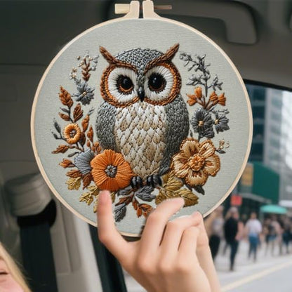FONNUY Embroidery Kit for Beginners, Owl Flowers Pre-Stamped Pattern Kits for Adults with Hoop, Easy to Follow Color Thread Needlework, 8'' Hoop (Blue) - Image 3