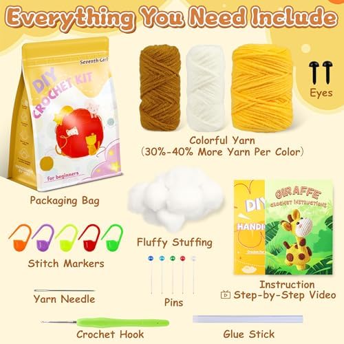 Beginner Crochet Kit for Making Adorable Giraffe - Complete DIY Craft Kit with Yarn, Hooks, and Video Tutorial - Ideal Arts and Crafts for Adults, Room Decor Gift - Image 4
