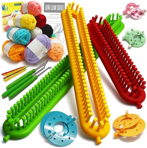 UCDRMA Upgraded Adjustable-Pegs Loom Knitting Kit (Pre-Installed Pegs), 2-in-1 Knitting Loom Set Quick Crochet Loom with 12 Yarn & Instructions & Pom Pom Maker, Scarf Loom Crochet Kit for Beginners by UCDRMA