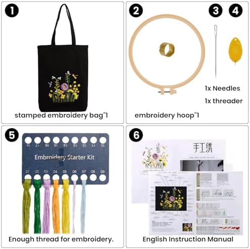 CREAWONDER Canvas Tote Bag Embroidery Kit with Pattern for Beginners, Arts and DIY Embroidery Crafts Kits for Adults, Include Instructions, Embroidery Hoops, Color Threads and Tool - Image 4