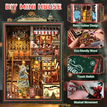DIY Christmas Store Book Nook Kit, Miniature House with LED Light, 264pcs Wooden 3D Puzzles for Adults Teens, Bookshelf Decor Scale Model, Cultural Handmade Gift for Christmas & Book Lovers - Image 3