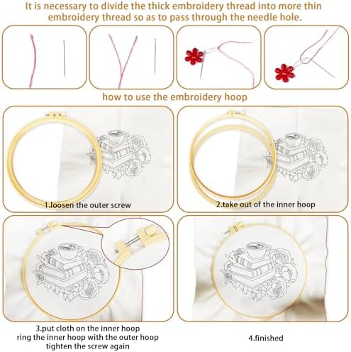 BEUNITONE 4 Set Book Flower Embroidery Kit for Adult Beginners 7.9x7.9 DIY Cross Stitch Kits Needlepoint Starter Kit with Pre-Printed Design and Hoops, Stamped Embroidery Kit for Home Ofiice Decor - Image 3