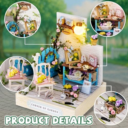 Kisoy Dollhouse Miniature with Furniture Kit, DIY 3D Wooden DIY House Kit with Dust Cover,Handmade Tiny House Toys for Teens Adults Gift(Corner of Garden) - Image 3