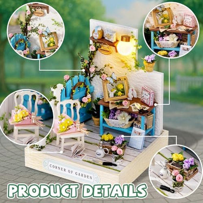 Kisoy Dollhouse Miniature with Furniture Kit, DIY 3D Wooden DIY House Kit with Dust Cover,Handmade Tiny House Toys for Teens Adults Gift(Corner of Garden) - Image 3