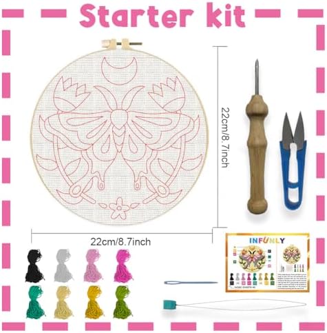INFUNLY Pink Moths Punch Needle Kits for Beginner Adult Flowers DIY Punch Needle Embroidery Starter Kit for Wall Hanging Moon Needles Stitching Kit with Instruction for DIY Crafts Gift Home Decor - Image 2