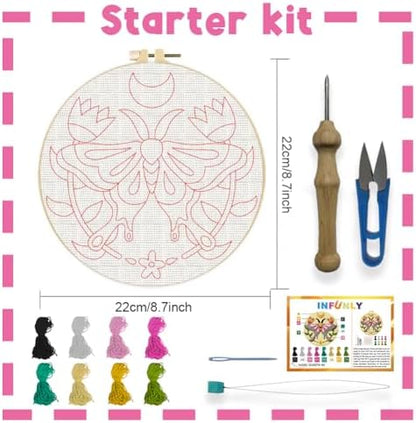 INFUNLY Pink Moths Punch Needle Kits for Beginner Adult Flowers DIY Punch Needle Embroidery Starter Kit for Wall Hanging Moon Needles Stitching Kit with Instruction for DIY Crafts Gift Home Decor - Image 2