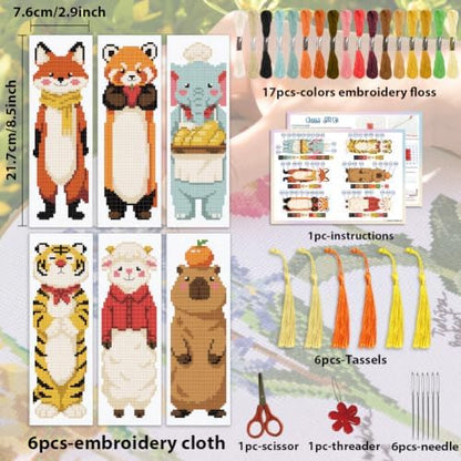 ACRNIGHEET 6PCS Cross Stitch Bookmark Kit for Beginner Stamped Cross Stitch Kits for Adults Cute Animals DIY Tassel Embroidery Bookmark Kits Needlepoint Kit with Instructions Craft Gift 8.5''x3'' 11CT - Image 2