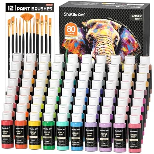 Shuttle Art 80 Colors Acrylic Paint, Acrylic Paint set with 12 Paint Brushes, 2oz/60ml Bottles, Rich Pigmented, Premium Paints for Artists, Beginners and Kids on Canvas Rocks Wood Ceramic by ShuttleArt