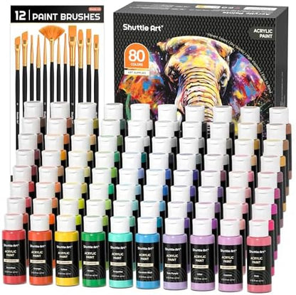 Shuttle Art 80 Colors Acrylic Paint, Acrylic Paint set with 12 Paint Brushes, 2oz/60ml Bottles, Rich Pigmented, Premium Paints for Artists, Beginners and Kids on Canvas Rocks Wood Ceramic by ShuttleArt