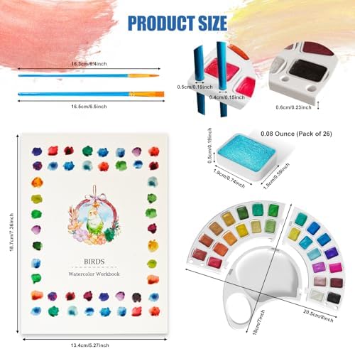 Watercolor Workbook, Water Coloring Book with 13 Pages 300GSM Paper, 26 Colors Watercolor Paint Set with Brush & Storage Bag, Beginner-Friendly Coloring Book for Adults，Birds Theme - Image 5