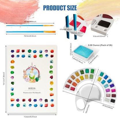 Watercolor Workbook, Water Coloring Book with 13 Pages 300GSM Paper, 26 Colors Watercolor Paint Set with Brush & Storage Bag, Beginner-Friendly Coloring Book for Adults，Birds Theme - Image 5