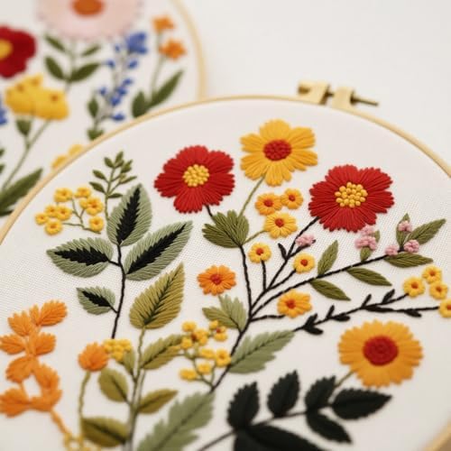 Zhenqing 4-Piece Floral Embroidery Kit for Beginners - Complete Set with Sunflower, Daisy Designs & Pre-Printed 29x29cm Cotton Fabric, Hoop, Threads & Tools(C0166) - Image 4