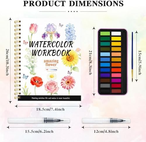 Watercolor Workbook - Water Coloring Book Set for Adults. 14 Beautiful Flower Designs Water Colors Book, 24-Color Watercolor Paint, 3 Brush Pens, 300g Watercolor Paper, Friendly for Beginners - Image 3