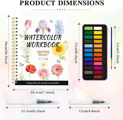 Watercolor Workbook - Water Coloring Book Set for Adults. 14 Beautiful Flower Designs Water Colors Book, 24-Color Watercolor Paint, 3 Brush Pens, 300g Watercolor Paper, Friendly for Beginners - Image 3