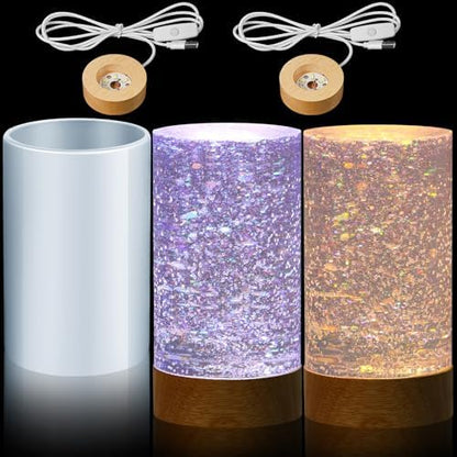Honoson Light Resin Silicone Mold Set, Include Resin Mold and USB Powered Wooden Lighted Base Stand for DIY Table Candle Desktop Lamp Ornaments(2.5 x 4 Inches,Cylinder) by Honoson