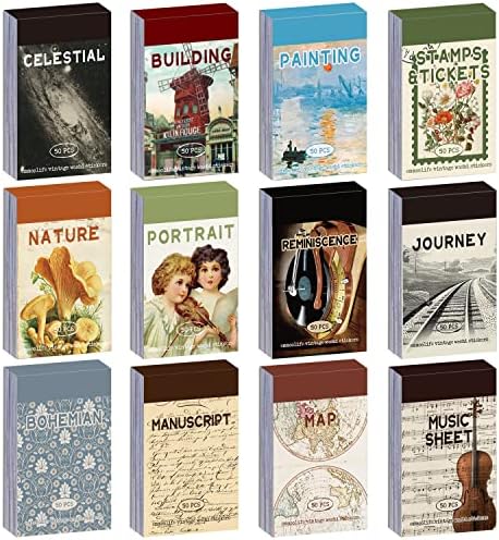 12 Sets 600 Sheets Washi Stickers for Journaling, Map Nature Celestial Portrait Boho Stickers Vintage Aesthetic Scrapbook Sticker Set for Bullet Journal Art Diary Card Craft Gifts Planner Notebook by emmoolife