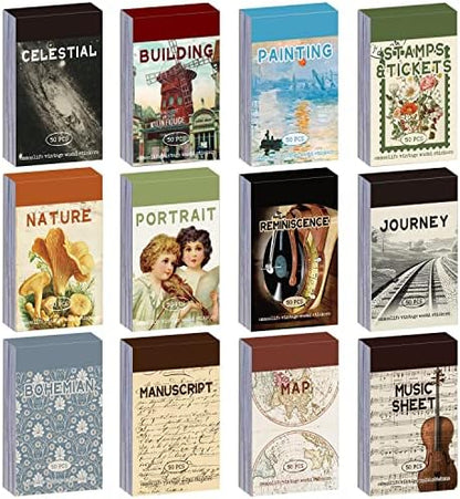 12 Sets 600 Sheets Washi Stickers for Journaling, Map Nature Celestial Portrait Boho Stickers Vintage Aesthetic Scrapbook Sticker Set for Bullet Journal Art Diary Card Craft Gifts Planner Notebook by emmoolife