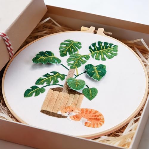 Monstera Embroidery Kits for Beginners Adults, Cat Hand Embroidery Kits, Potted Plant Cross Stitch Kits for Beginners DIY Craft Kits for Adult Women, Entire Set of Embroidery Supplies & Video Tutorial by Unknown
