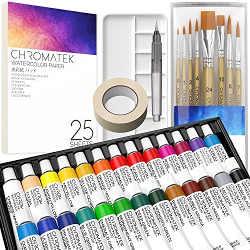 CHROMATEK Watercolor Paint Set - 62 Piece Kit for Adults, Beginner & Professional Artists - 26 Tubes (12ml), 25 Pages Sketch Pad, 8 Painting Brushes, Aquapen, Palette, Masking Tape - Art Supplies by Chromatek