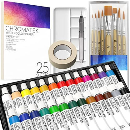 CHROMATEK Watercolor Paint Set - 62 Piece Kit for Adults, Beginner & Professional Artists - 26 Tubes (12ml), 25 Pages Sketch Pad, 8 Painting Brushes, Aquapen, Palette, Masking Tape - Art Supplies by Chromatek