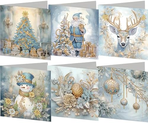 jinglinhh 6pcs Christmas Tree Santa Elk Flowers Ball Diamond Art Painting Greeting Cards with Envelopes, DIY Card Making Kits for Adults, Diamond Art Postcards Holiday Cards Craft Gifts by Unknown