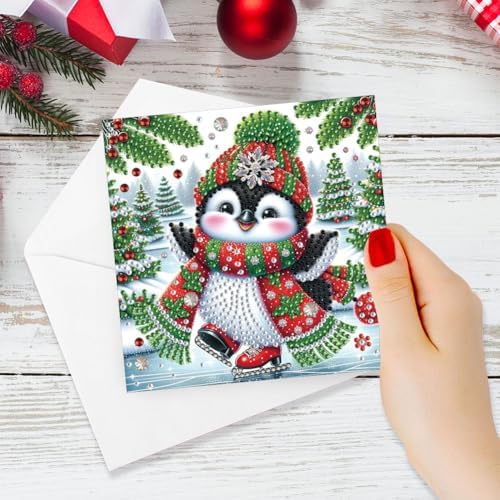 jinglinhh 6pcs Diamond Art Painting Christmas Penguin Snowman Aurora Greeting Cards with Envelopes, DIY Card Making Kits for Adults, Diamond Art Postcards Holiday Cards Craft Gifts - Image 6