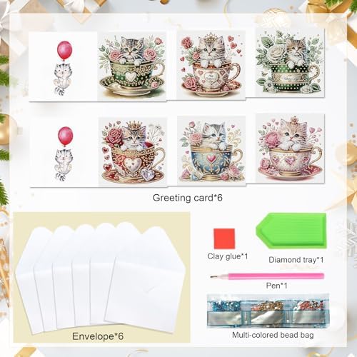 antor 6 Pack DIY Cat in Teacup Diamond Painting Greeting Cards with Envelopes – Cute Animal Rhinestone Art Craft Kit, Handmade Crystal Card Set, Diamond Art Kits for Adults - Image 2