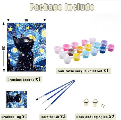 Yunnuo Paint by Numbers Kit for Adults Cat, Starry Night, 16x20 inch - Image 5