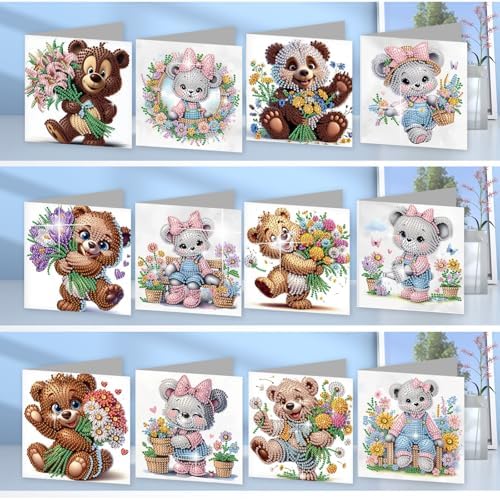 jinglinhh 12pcs Diamond Art Painting Flower Bear Greeting Cards with Envelopes, DIY Card Making Kits for Adults, Diamond Art Christmas Cards for Birthday Holiday Postcards Craft Gifts - Image 7