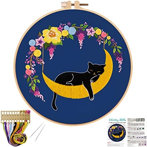 Louise Maelys Cat Moon Embroidery Kit for Beginners Floral Design by LouiseMaelys