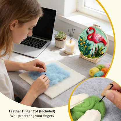 Zovylks Needle Felting Kit for Adults, 7.9 Inch Wool Felt Painting DIY Craft Set for Beginners, Needle Felt Starter Kit with Picture Frame, Foam Pad, Finger Cot (Flamingo) - Image 5