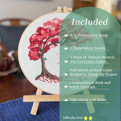FONNUY Crewel Embroidery Kit for Beginners, Seasonal Tree Pre-Stamped Pattern Kits for Adults with Hoop, Easy to Follow Color Thread Needlework, 8'' (Pink) - Image 3