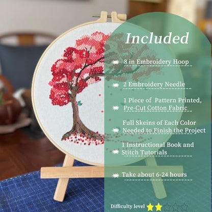 FONNUY Crewel Embroidery Kit for Beginners, Seasonal Tree Pre-Stamped Pattern Kits for Adults with Hoop, Easy to Follow Color Thread Needlework, 8'' (Pink) - Image 3